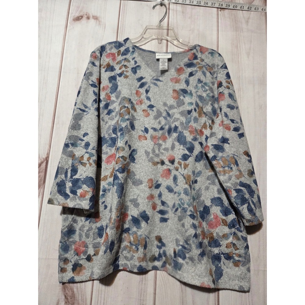 Alfred Dunner Womens XL Floral Leaf Print V-Neck Knit Tunic Top Grey 3/4 Sleeve